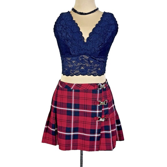 Vintage Y2K Grunge RAVE Red Plaid Pleat Micro Mini Skirt Goth Schoolgirl Twee 13 - Picture 1 of 9